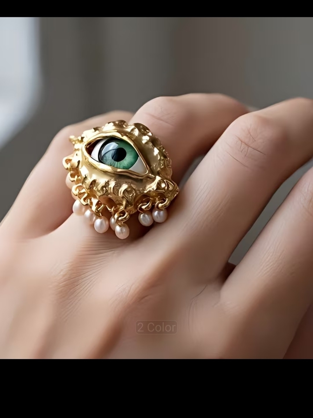 Gold Eye Statement Ring with Green Enamel and Pearl Drops